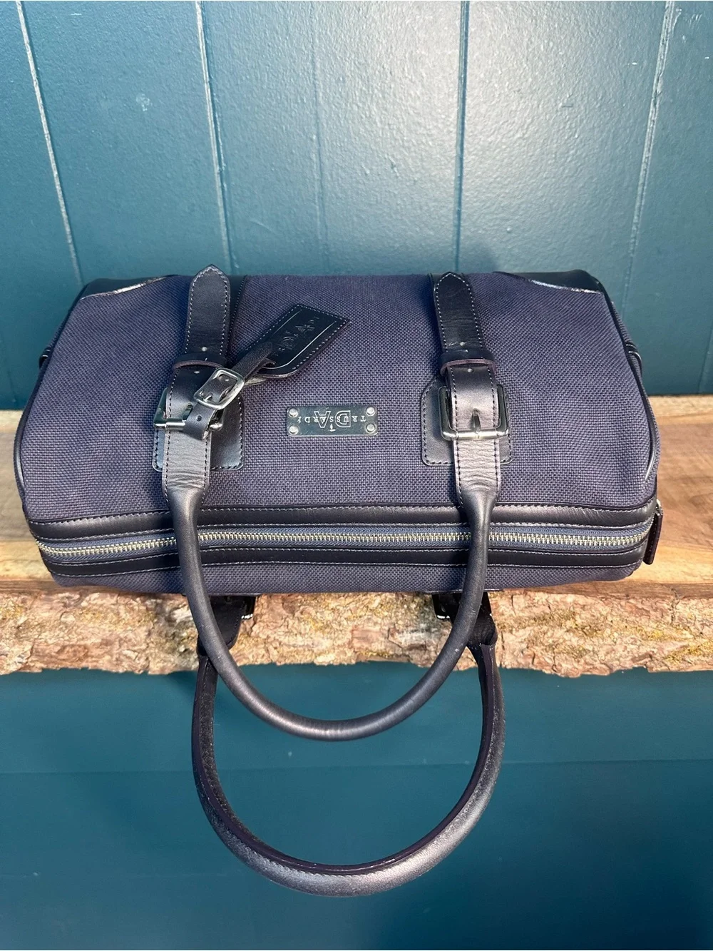 Tru Trussardi Navy Canvas & Black Leather Satchel